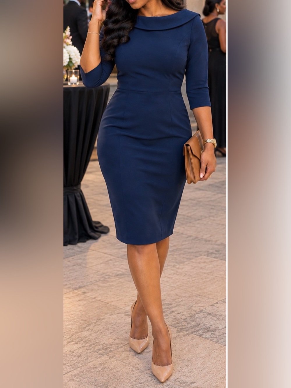 Adrianna Papell Navy Bow Back Sheath Dress 3/4 Sleeve Size 6